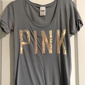 Victoria’s Secret Pink gray shirt with opal sequin lettering.